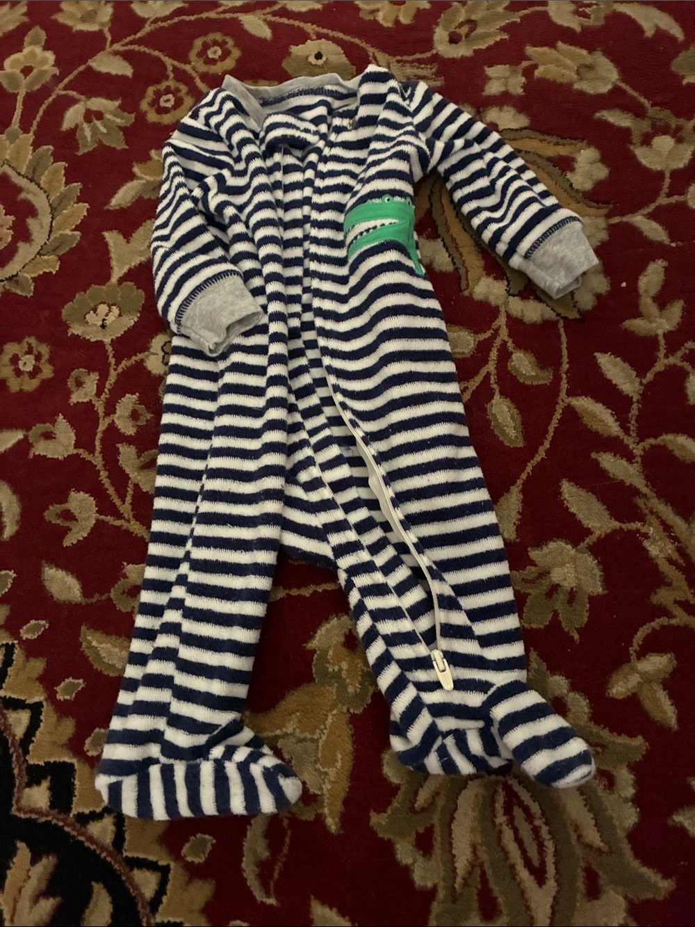 Carter's Navy and White Striped Fleece Footed One-Piece with Green Patch